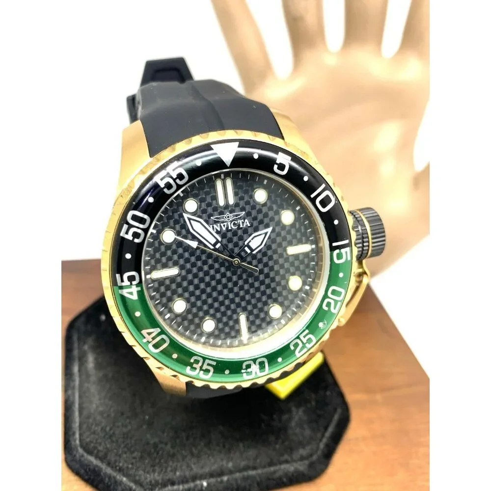 Invicta Men's Watch 35661 Pro Diver Quartz Gold Black Green Bezel Rubber Band